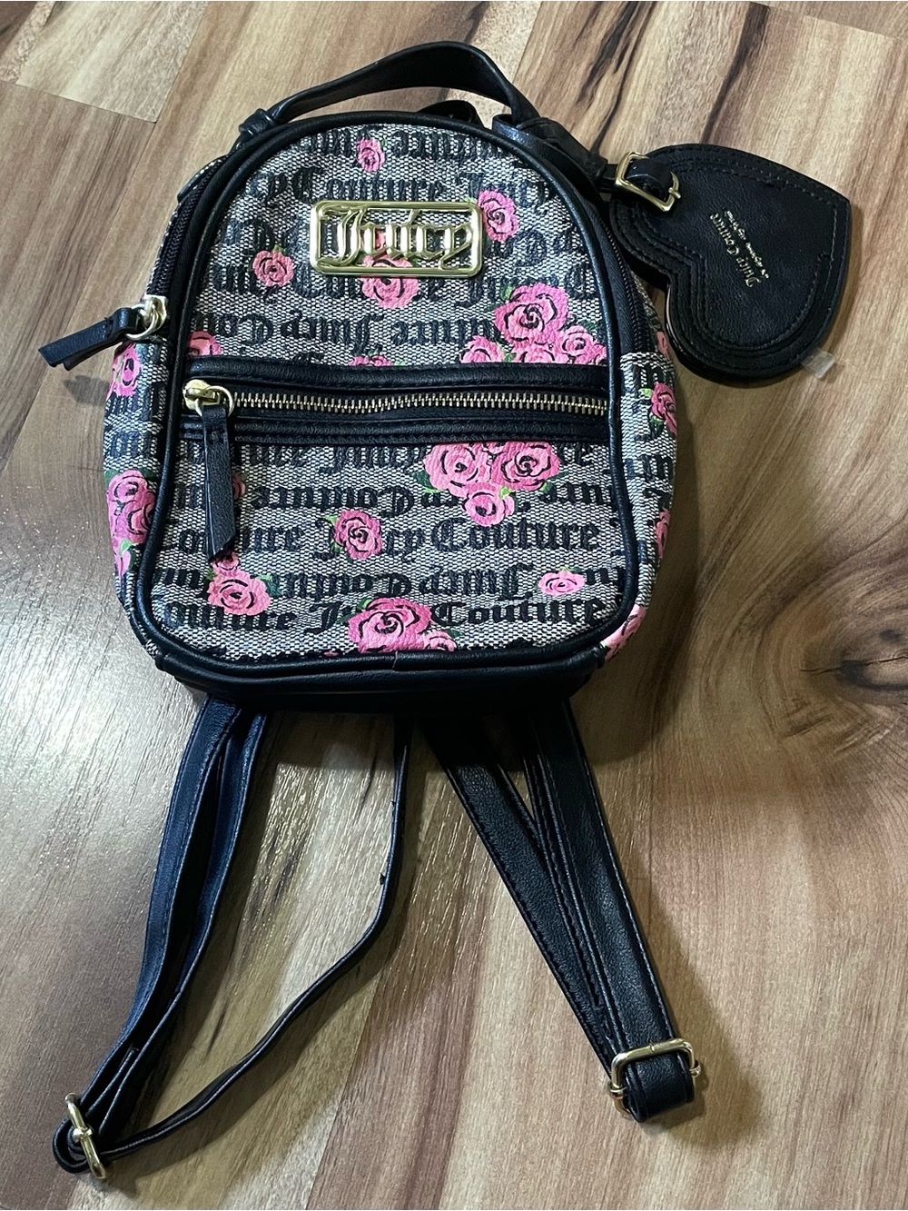 Juicy Couture Black Grey Gothic Floral Mini Backpack Heart Luggage Tag